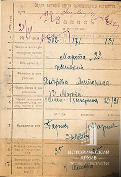 Из актовой записи о рождении А. Дьяковой.